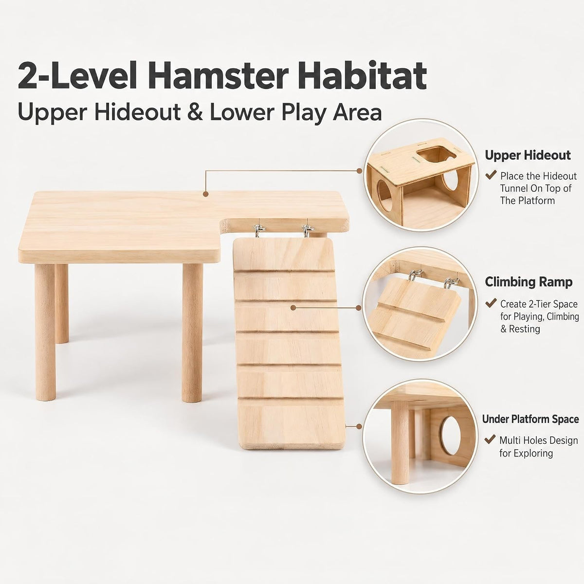 Hamster Hideout and Platform Set, Wooden 2-Chamber Hamster Tunnel