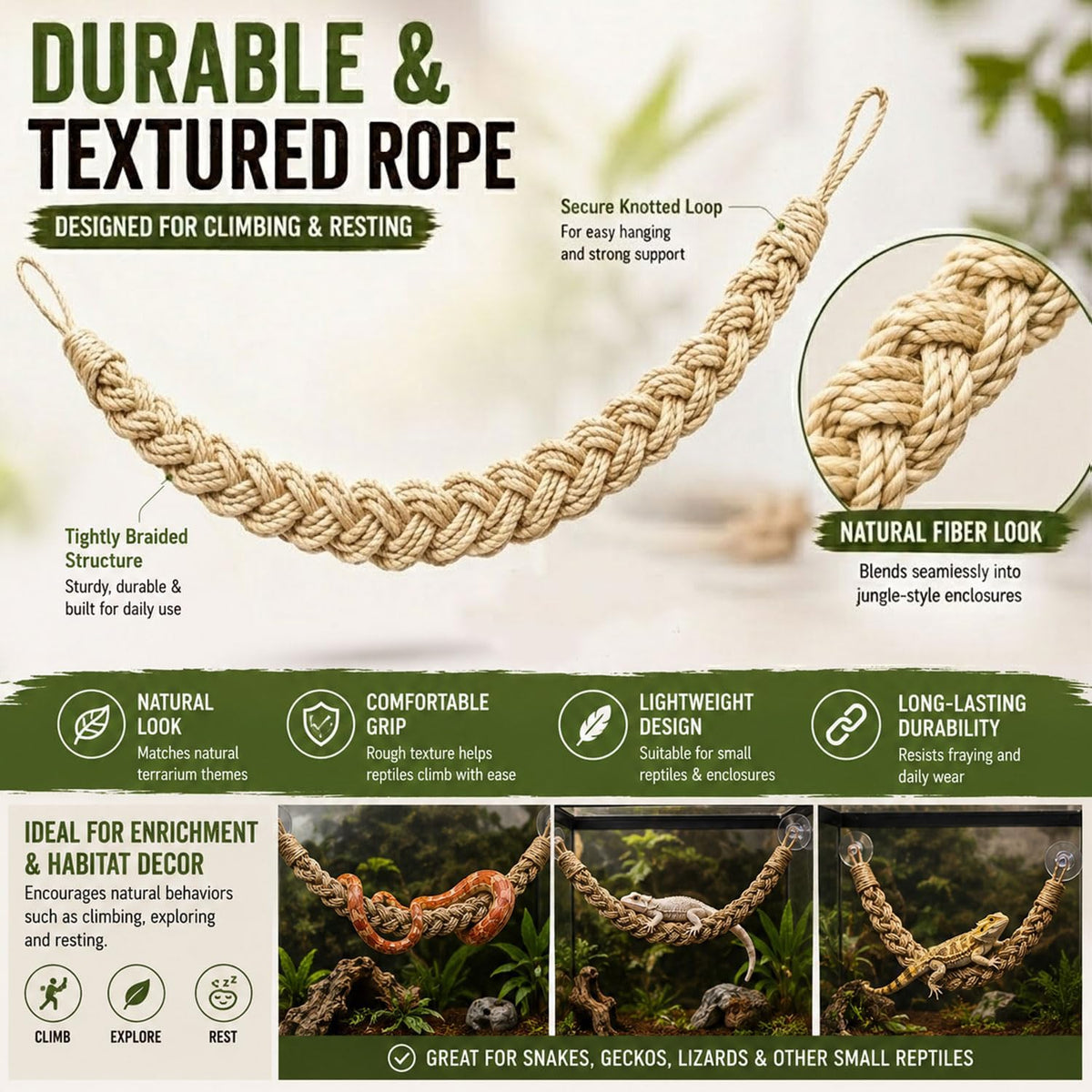 Ball Python Tank Accessories Snake Climbing Rope with Suction Cups & Hooks