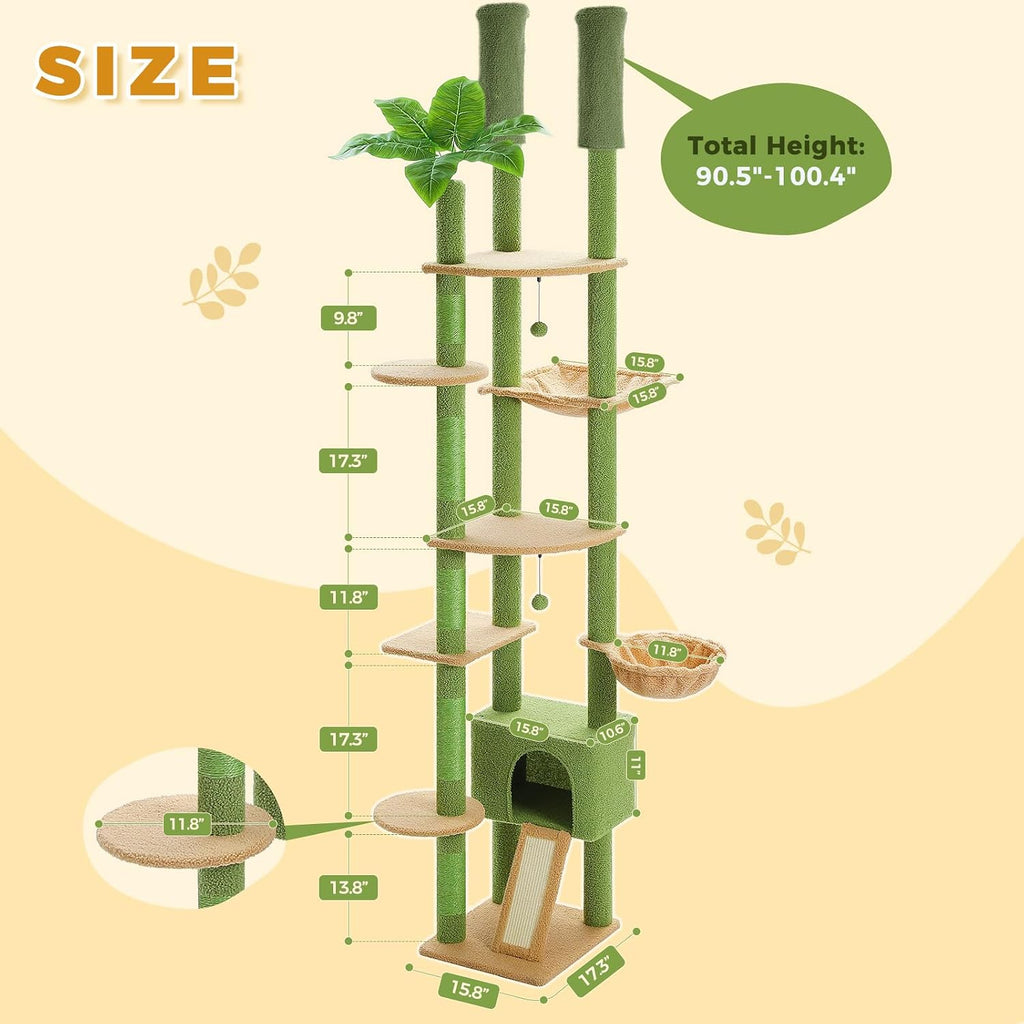 PEQULTI Floor to Ceiling Cat Tree, Height Adjustable 90.5-100.4'', Green