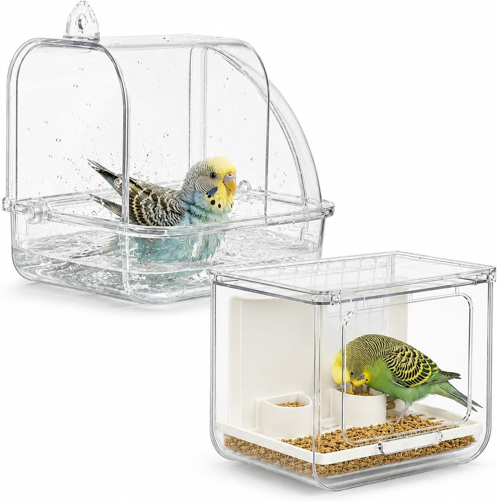 2 Pack Hanging Bird Feeder for Cage & Bird Bath for Cage, No-Mess Bird Cage Feeder and Clean Parakeet Bath Bowl, Bird Cage Accessories Suitable for Small to Medium Birds