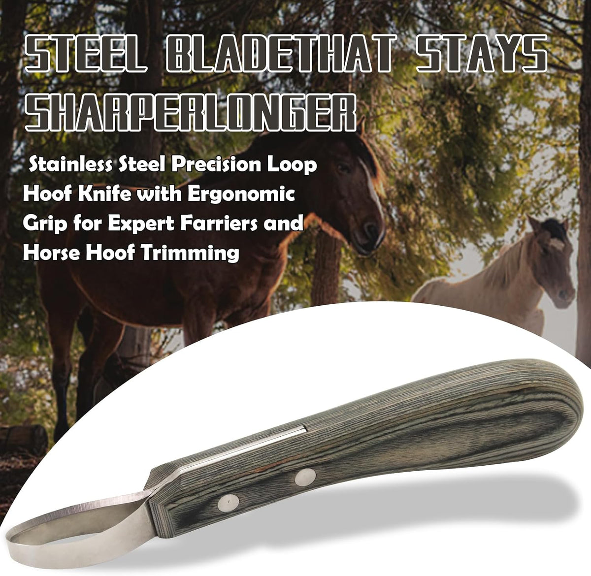Hoof Knife Double Edged Hoof Trimming Knife with Wooden Handle，Stainless Steel Loop Blade Multipurpose Hoof Trimming Knife for Livestock,for Cutting Horses Donkeys Cows Hooves (Black Stripe)