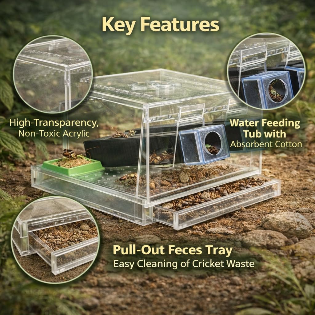 Acrylic Cricket Keeper with Tubes–Reptile Feeding Cricket Keeper with Feces Layer & Ventilated Lid,Transparent Crickets Enclosure for Observation,Feeder Insect Storage,Includes Food/Water Tubes (L)