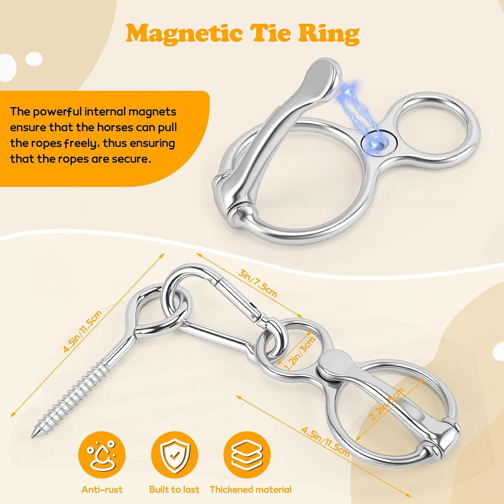 4 Pack Horse Tie Ring with Eye Bolt & Safety Snap, 304 Stainless Steel High Strength Training Equipment for Stable, Barn, Fence, Trailer (Stainless Steel, White)