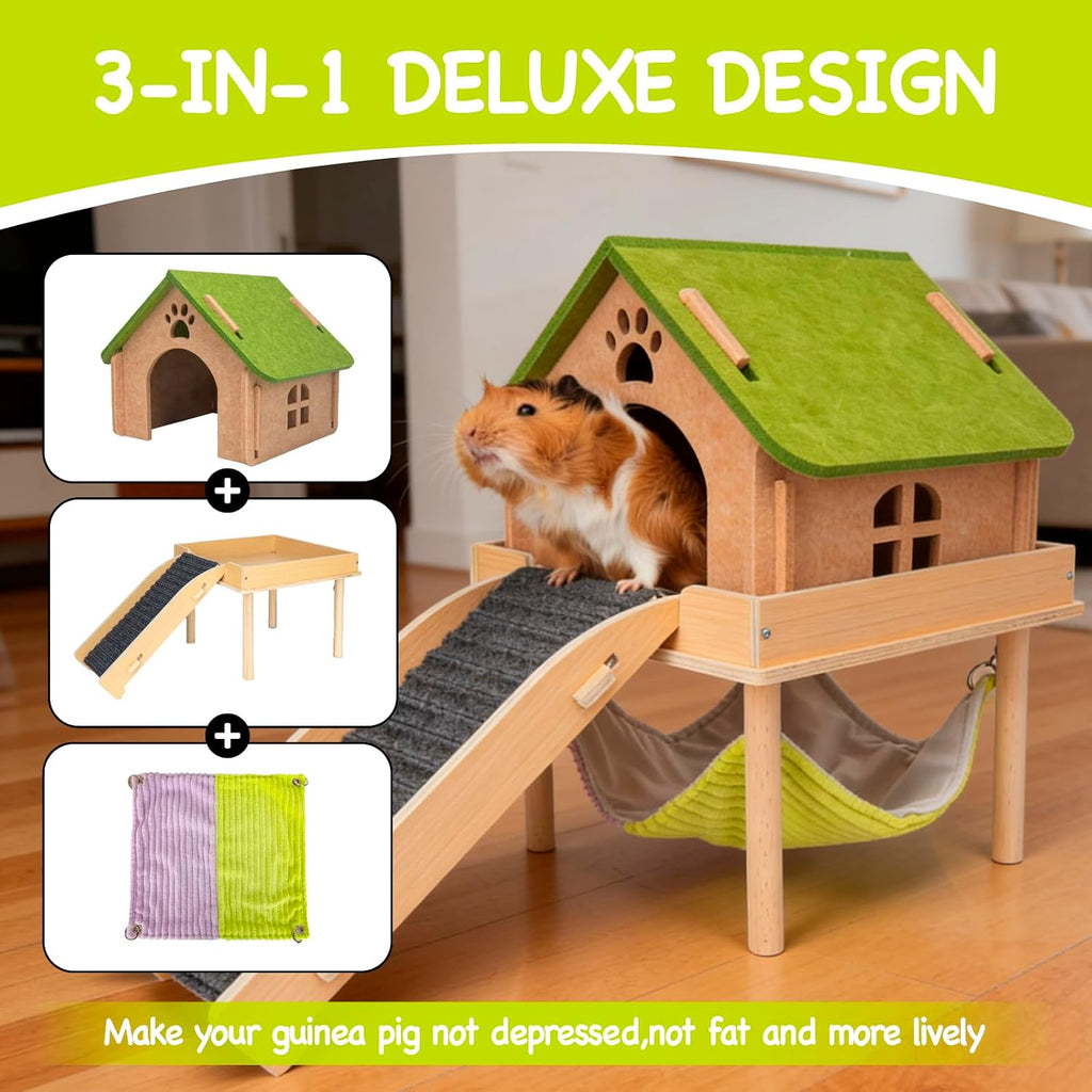 3 in 1 Enlarged Guinea Pig Hammock,Wooden Guinea Pig Hideout with House & Platform & Stairs Small Animal Toys for Hiding Sleeping Activities