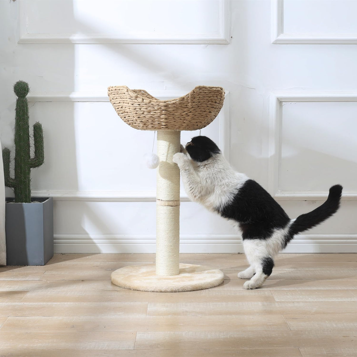 SHENGOCASE Small Cat Tree Tower with Large 17.7" Rattan Wicker Basket, Handwoven Nest Basket Bed, Window Perch for Large Cats up to 25LBS