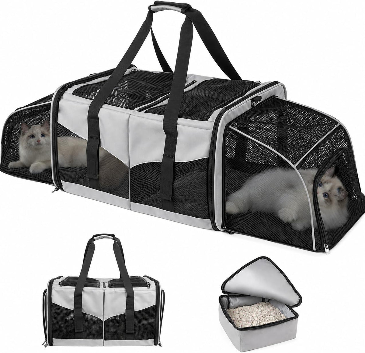 Large Cat Carrier for 2 Cats, Expandable with Divider & Litter Boxes