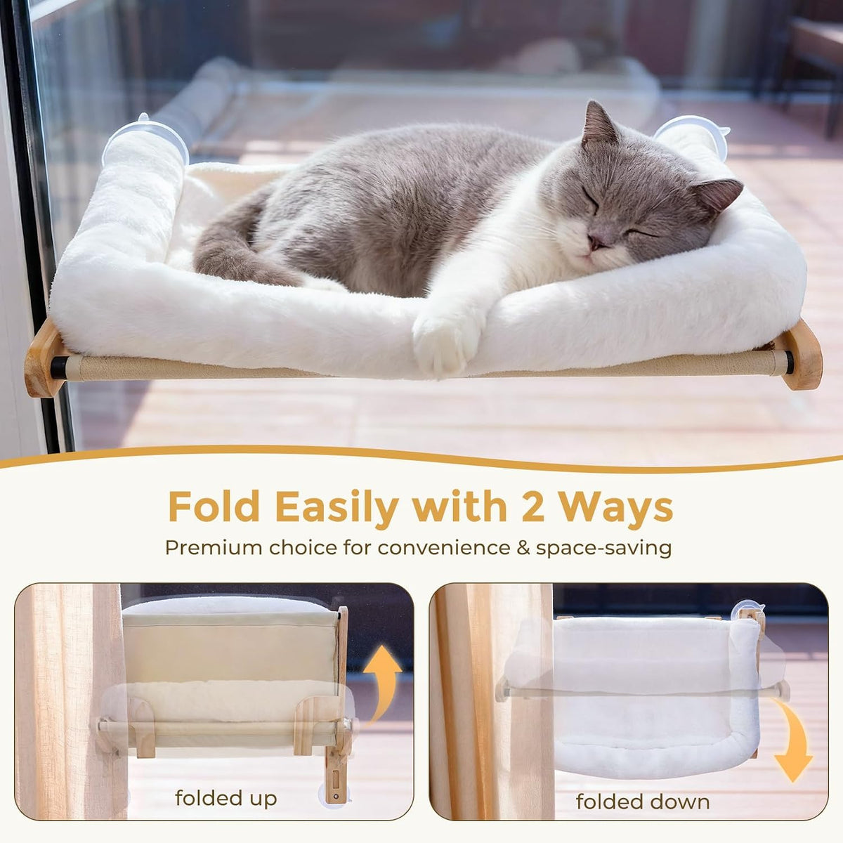 Pecute Foldable Cat Window Perch, Cloud-Soft Cat Bed with Wood Frame, 26" L