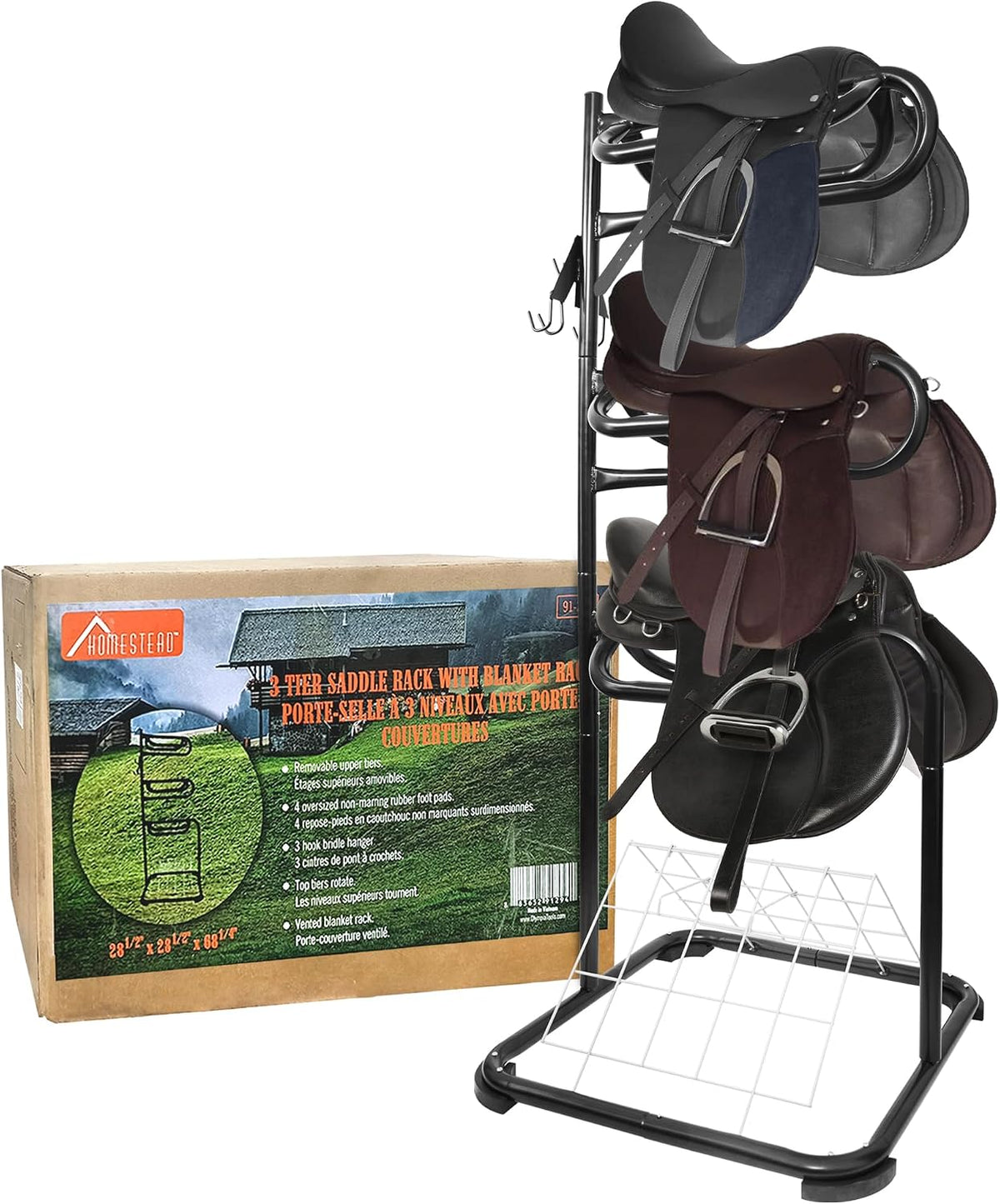 HOMESTEAD 3-Tier Saddle Rack - Horse Saddle Stand Rotating Tiers, Bridle Rack, Hooks for English & Western Saddle, Tack Room