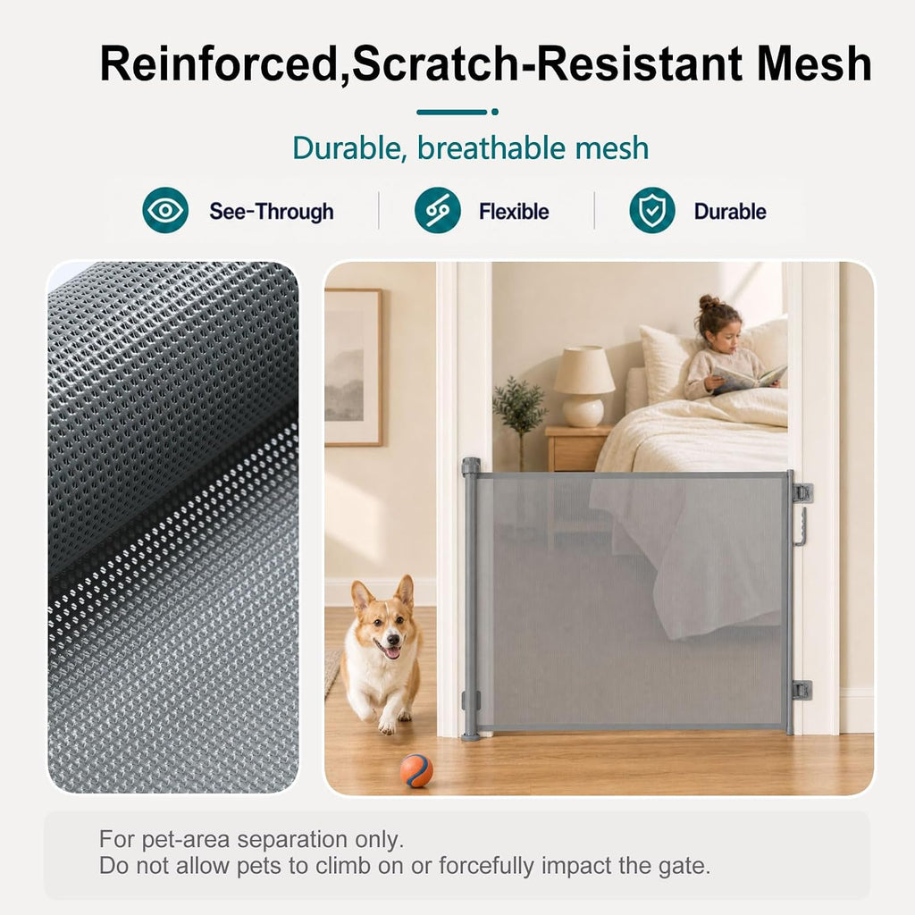 Retractable Pet Gate 34x55in, No-Drill Mesh Dog Cat Barrier, Aluminum Edge