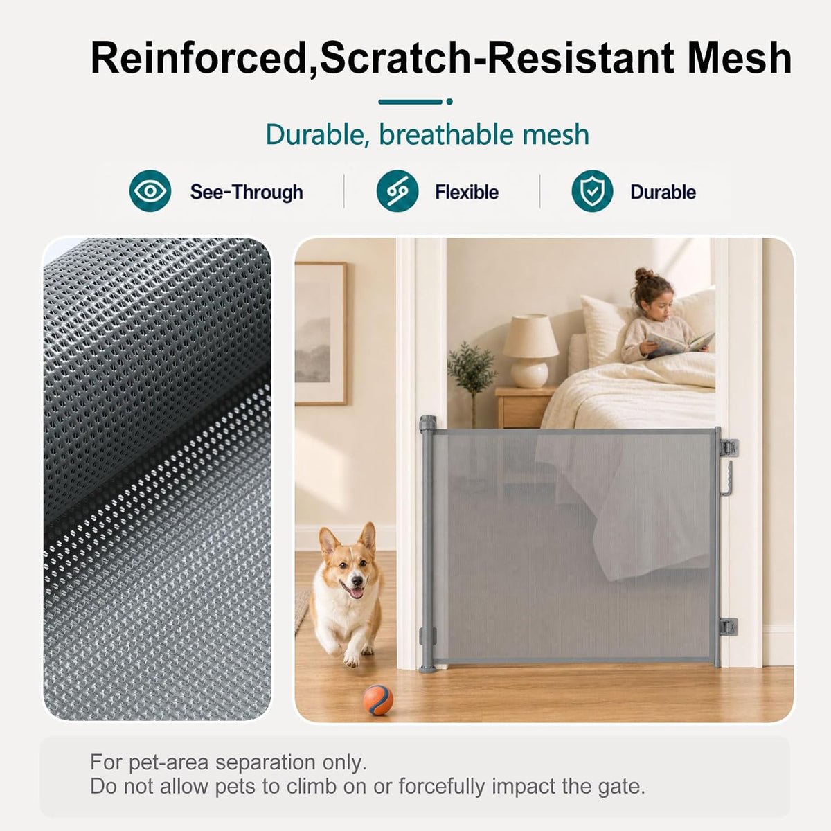 Retractable Pet Gate 34x55in, No-Drill Mesh Dog Cat Barrier, Aluminum Edge