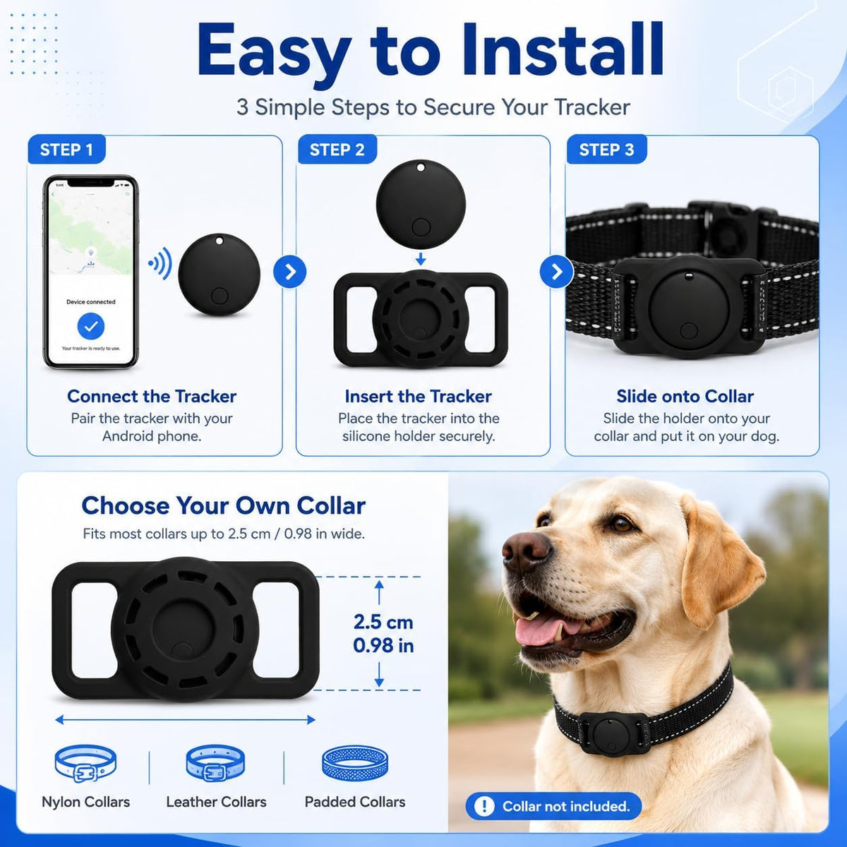GPS Smart Collar for Dogs, Android Pet Tag. Waterproof, Google Find My Compatible, No Monthly Fee. Advanced Tracker ensures Safety for Small to Large Dogs. (Tracker for Dog)