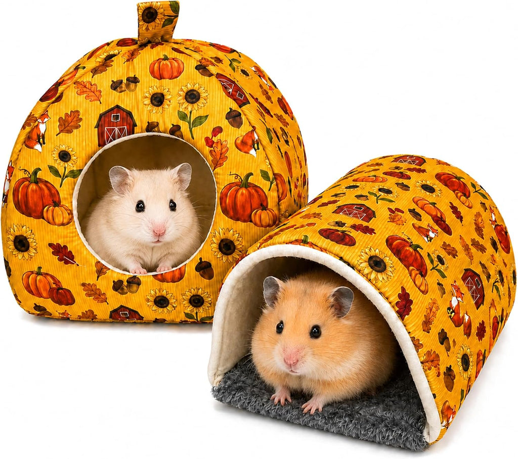 Guinea Pig Hideout Tunnel Set, 2 Pack Washable Small Animal Bed with Removable Cushion, Hamster Hideout Play Tunnel Toys for Guinea Pigs, Hamsters, Hedgehogs, Ferrets, Pink Strawberry