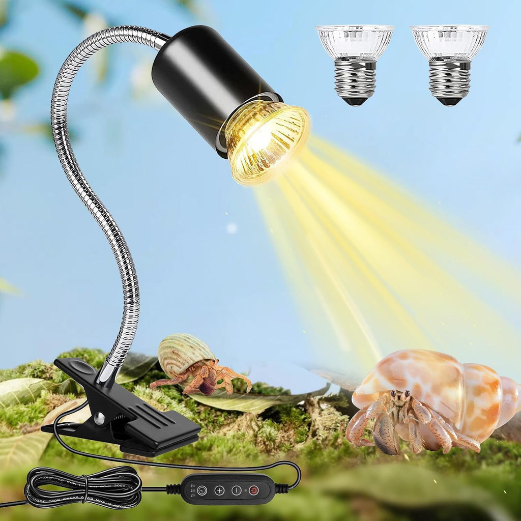 Hermit Crab Heat Lamp, Reptile Heat Lamp with Clamp, Reptile Light with Rotatable Hose and Timer, Suitable for Reptiles Lizard Turtle Tortoise Snake Bearded Dragon Hermit Crab, 2 Bulbs 25W+50W
