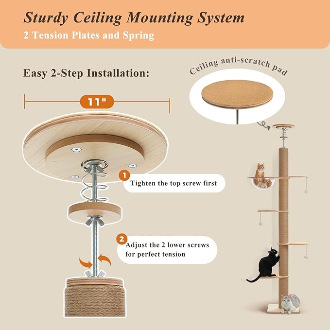 PETEPELA Floor to Ceiling Cat Tree, Adjustable Height Solid Wooden Tall Cat - Image 3