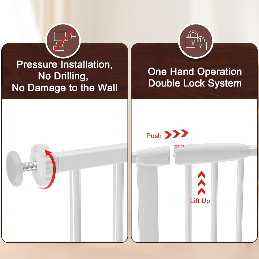 DEARBB Extra Wide Baby Gate Ultra Narrow Spacing 30.11-77.36" Pressure Mounted Double Lock Swing Auto Close Walk Through Metal Safety Pet Gate for Stairs and House Doorway Kitchen