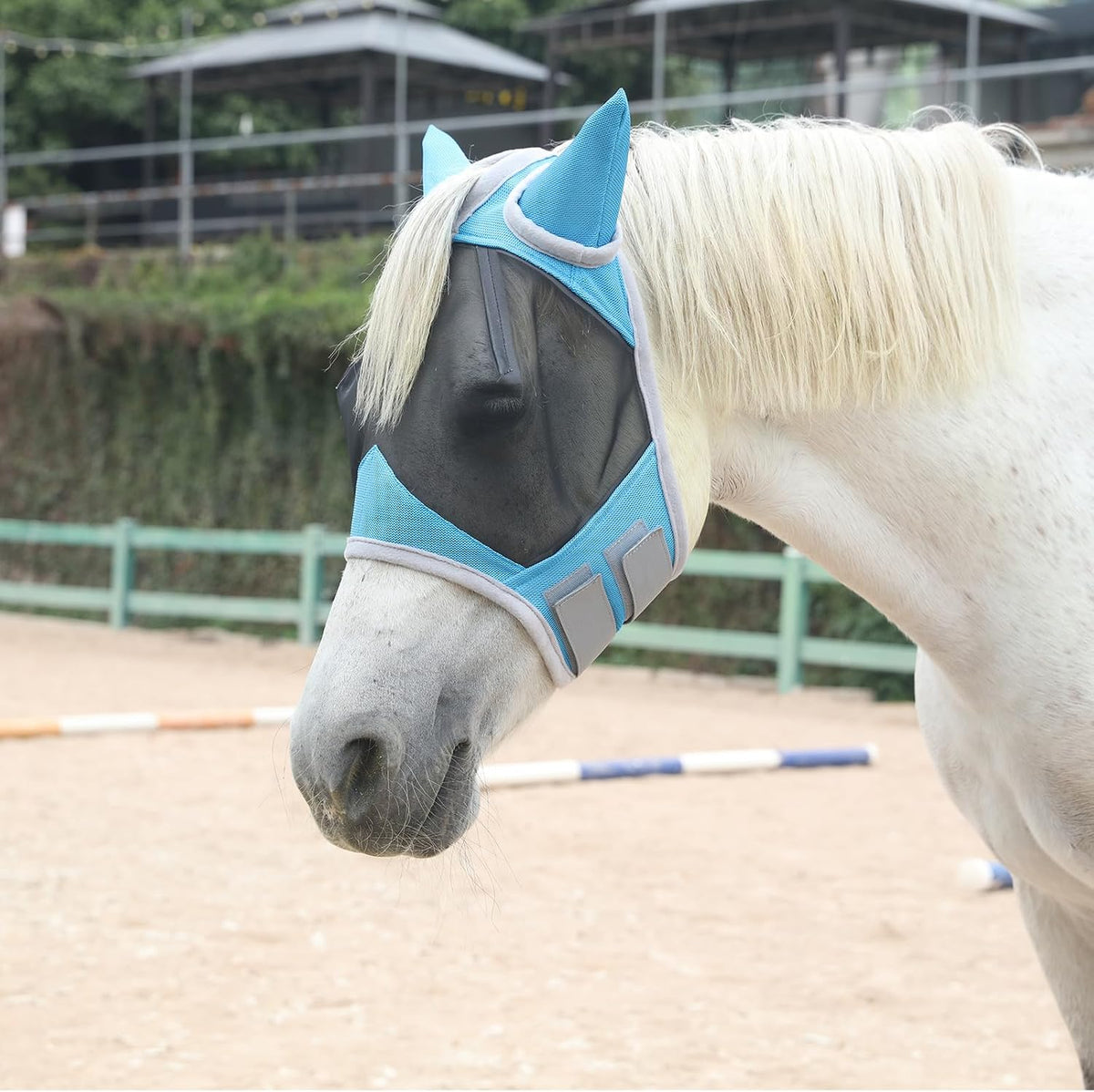Horse Fly Mask with Ears, Breathable Fine Mesh Pale Blue Full