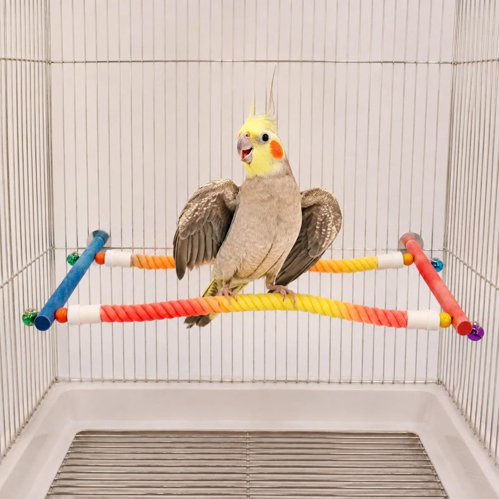 Bird Rope Perch for Cage, Climbing Perch with Bells, Long Activity Stand for Cockatiels, Conures, Parakeets and Budgies, Bird Cage Accessories for Climbing, Standing and Playing