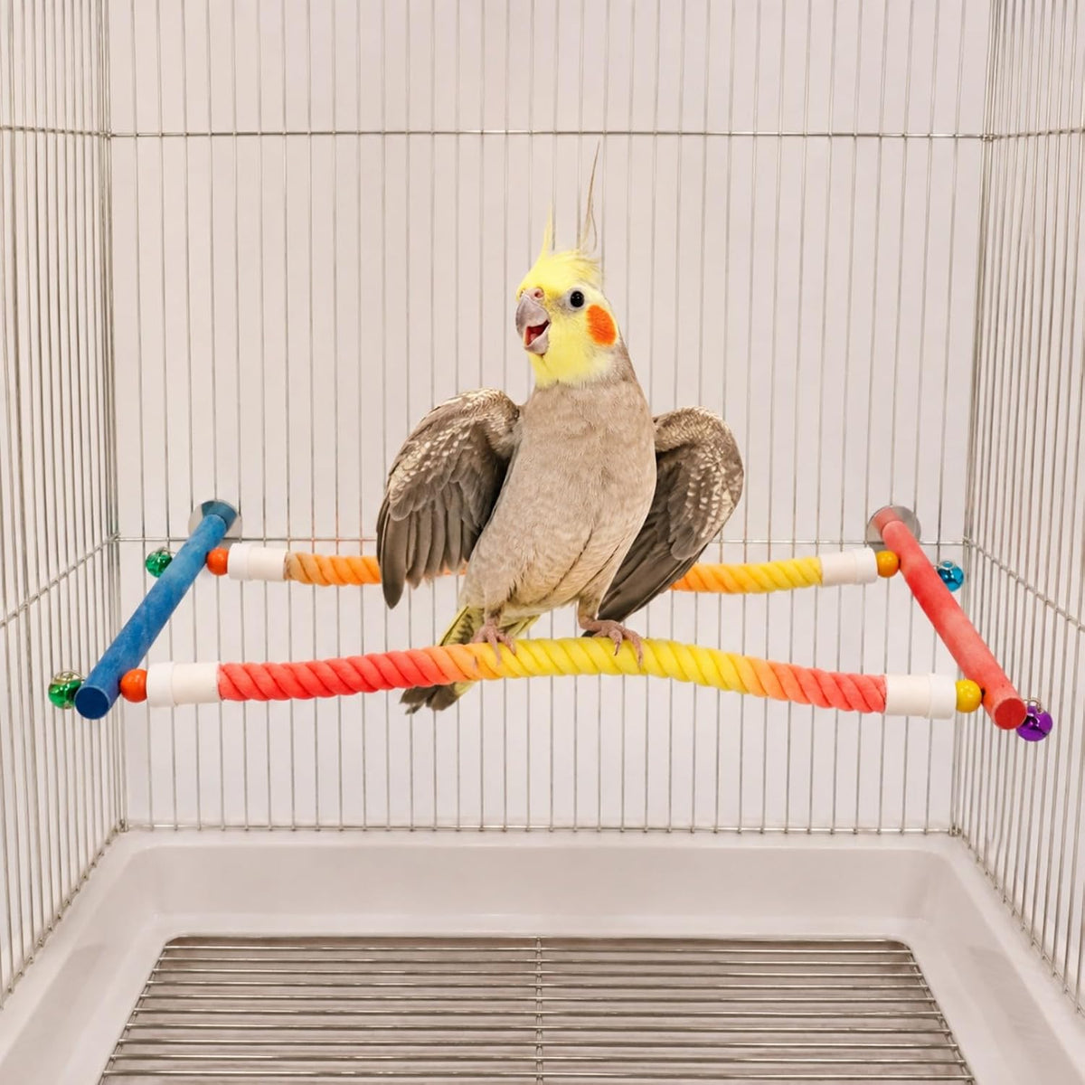 Bird Rope Perch for Cage, Climbing Perch with Bells, Long Activity Stand for Cockatiels, Conures, Parakeets and Budgies, Bird Cage Accessories for Climbing, Standing and Playing