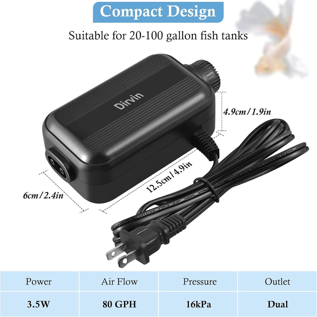 Dirvin Aquarium Air Pump, Ultra Quiet Adjustable Fish Tank Bubbler 3.5W