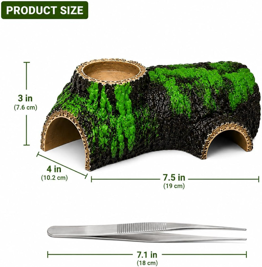 Reptile Tunnel Hide Cave 2-in-1 Water/Food Bowl, Handmade Hollow Log Hideout for Geckos & Snakes | 3-Entrance Reptile Shelter with Tweezers, Lizard Snake Hiding Cave (7.5" L x 4" W x 3" H)