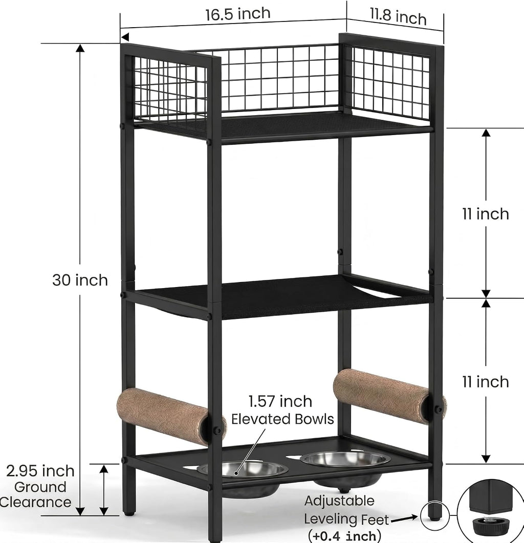 Cat Feeding Station Furniture with Scratching Post, 3-Tier Cat Food Organizer & Storage, Raised Feeding Stand with 2 Stainless Steel Bowls, Space-Saving Cat Shelf for Small Spaces, Black