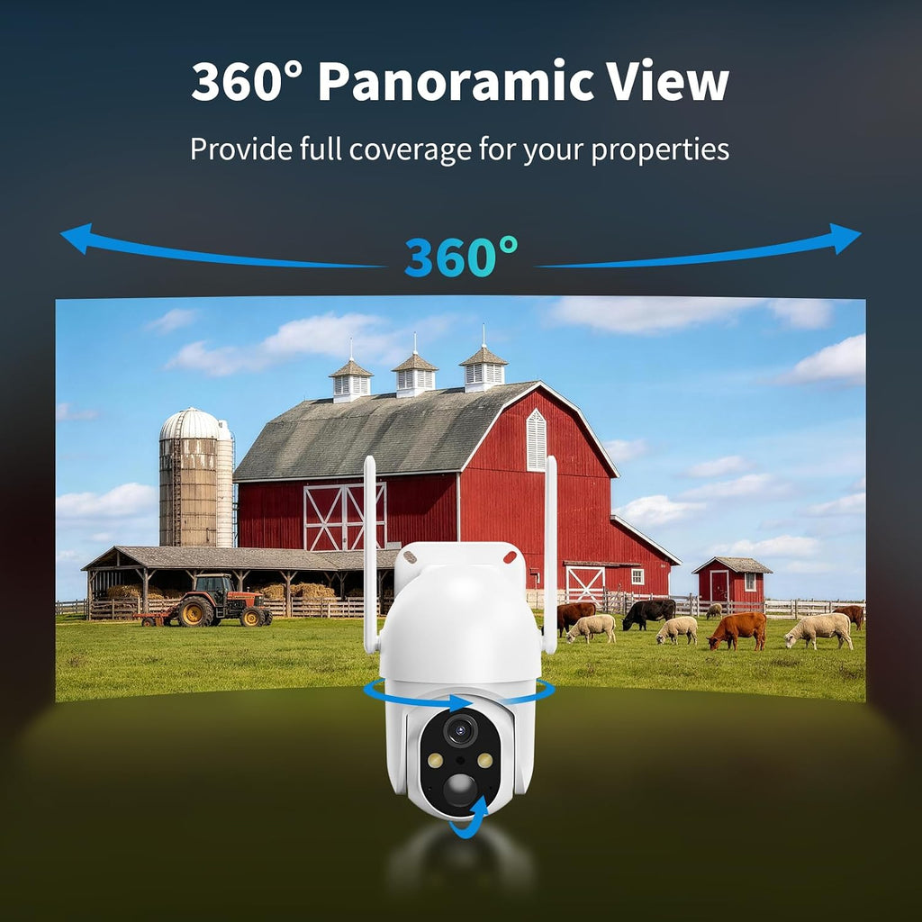 4G LTE Cellular Security Cameras 2 Pack, Solar Powered Outdoor Off Grid for Farms & Ranches, 360° Coverage, 2K Night Vision, Built-in SIM Card, Compatible with Verizon/AT&T/T-Mobile, White