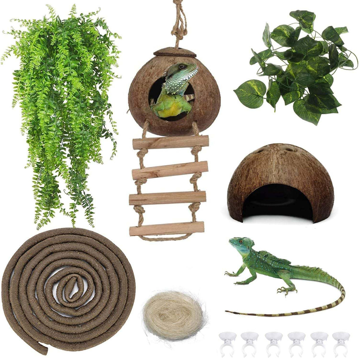 9PCS Crested Gecko Tank Accessories,Reptile Plants Vine Decor Coconut Hide