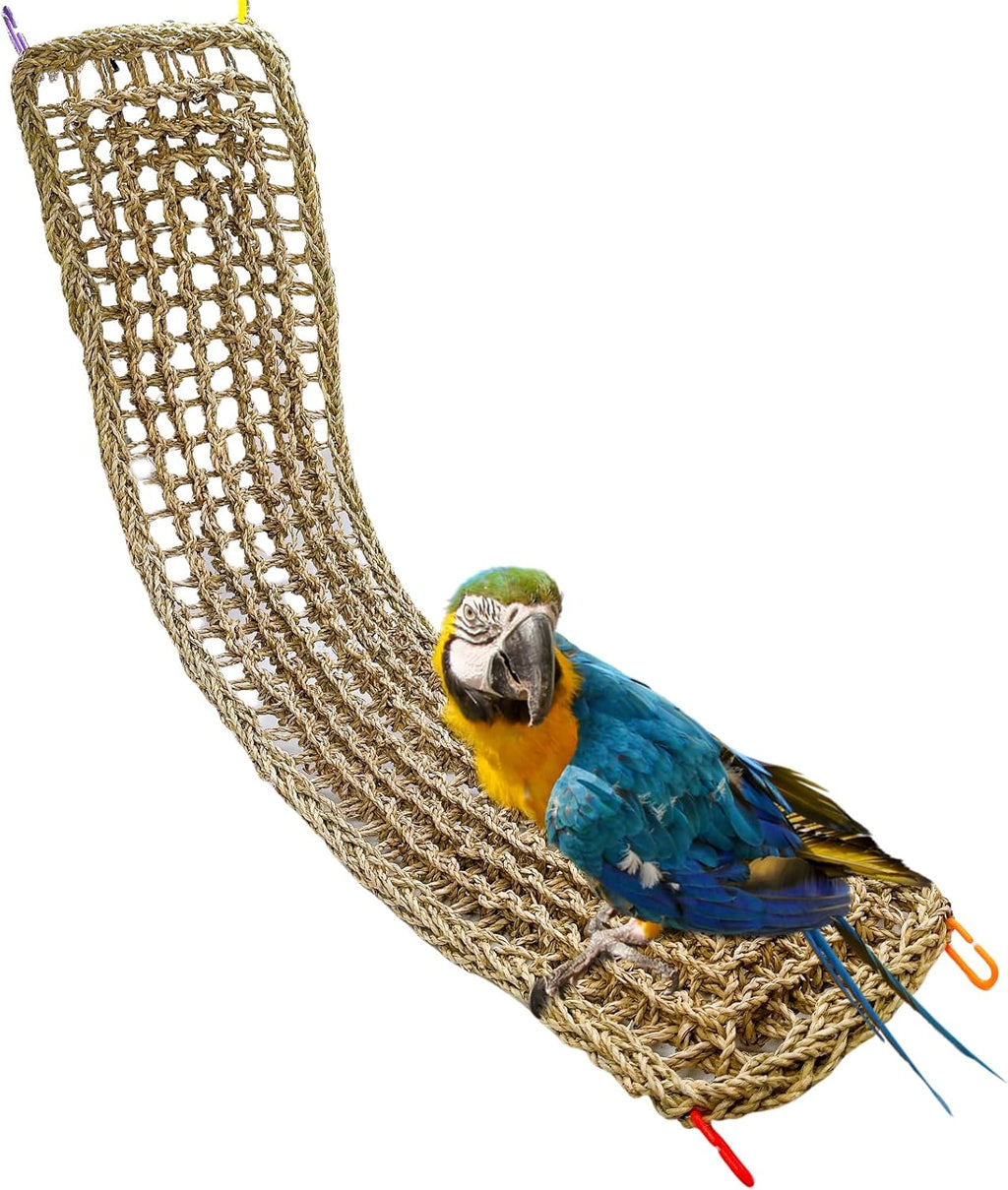 Bird Seagrass Mat 39.4×7" Long Natural Macaw Woven Net Hammock Hanging on Parrot Cage with Hooks Climbing Ladder Swing Chew Toys for Cockatoo Large Parrot Supplies