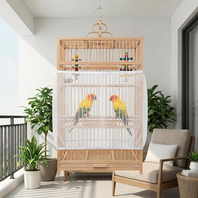 Bird Cage Seed Catcher, Adjustable White Bird Cage Net Birdcage Cover Skirt - Image 3