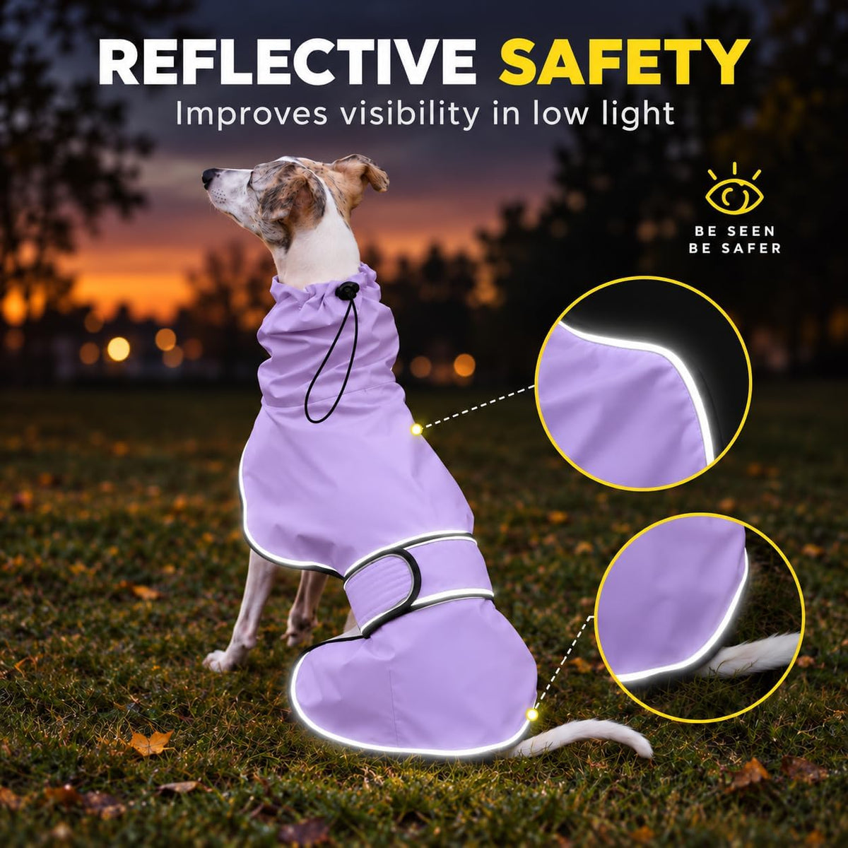 Greyhound Whippet Raincoat Waterproof with Reflective Stripe high Neck fit for Italian Greyhounds Whippets Long Back Breeds - Purple - XL