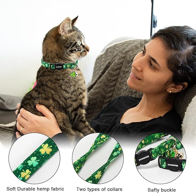 2 Pack St.Patrick's Day Kitten Collars, DOGWONG Cute Shamrock Breakaway Kitty - Image 2