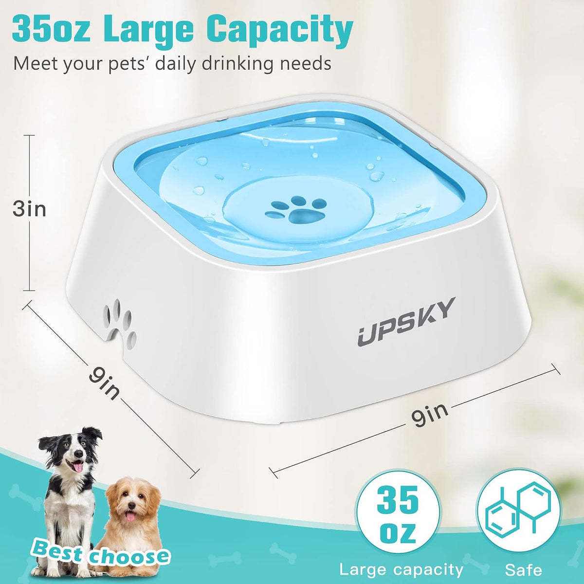 UPSKY 35oz No-Spill Pet Water Bowl, Slow Water Feeder for Dogs and Cats