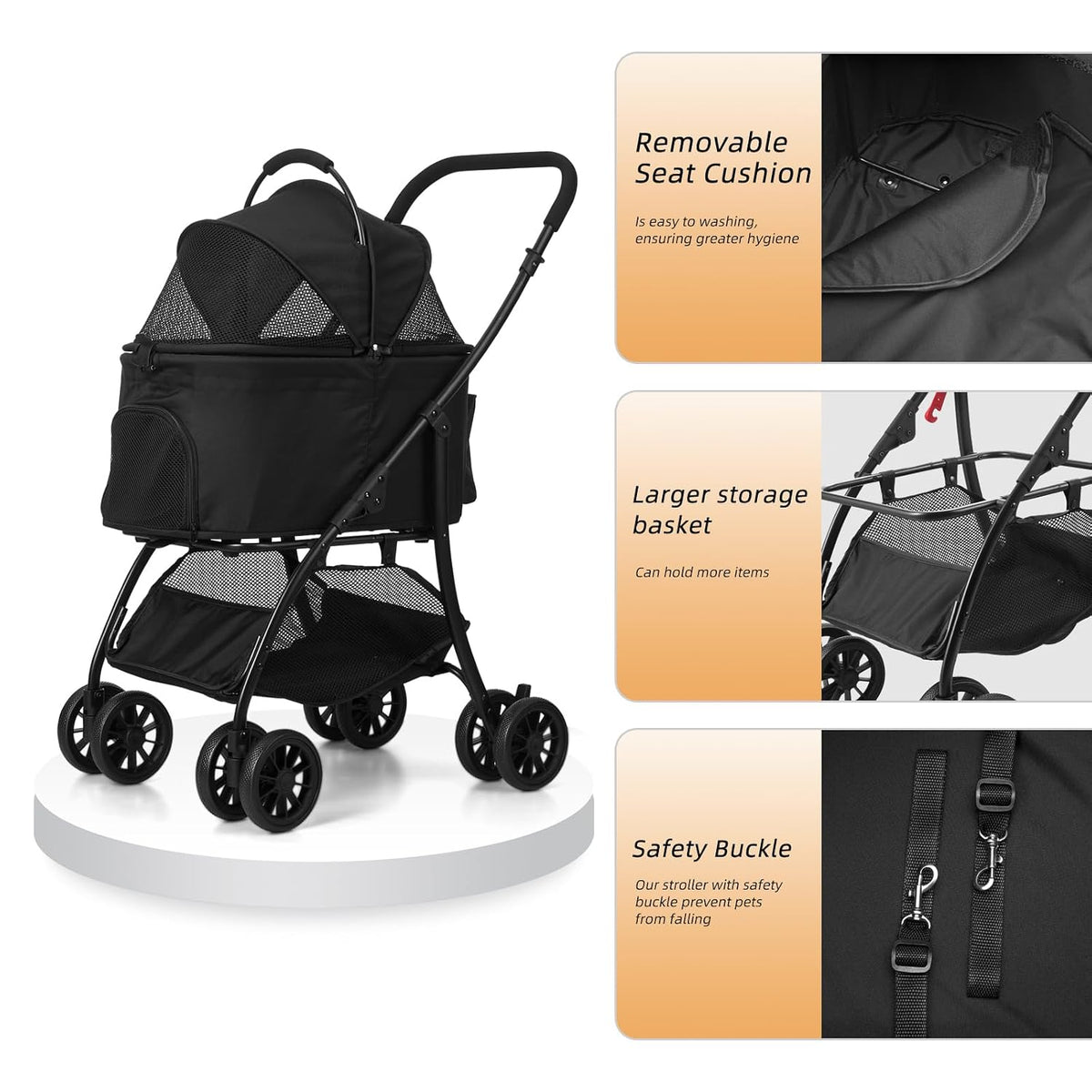 Dog and Cat Stroller with Detachable Carrier, 4-Wheel, Car Seat (Black)