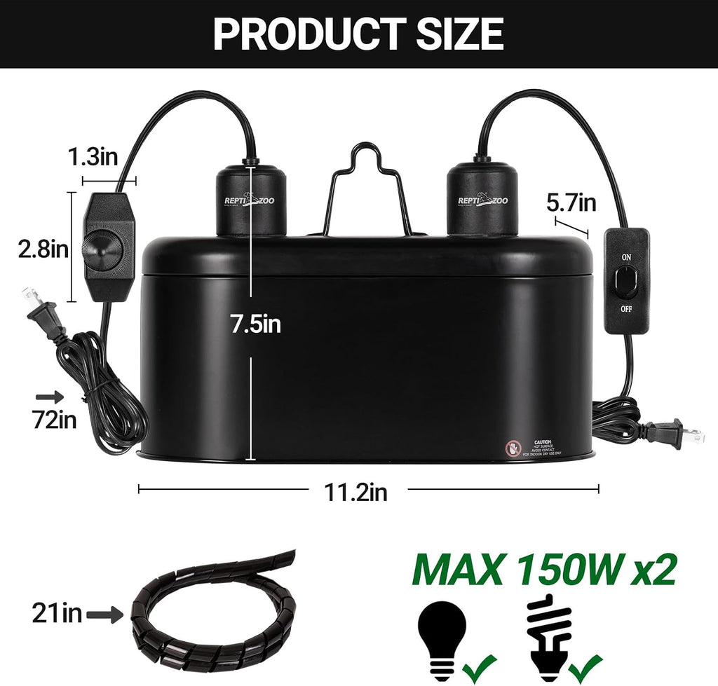 REPTI ZOO Dual Reptile Light Fixture with Dimming, Deep Dome Reptile Heat Lamp Fixture, UVB Light Dual Fixture Lamp Cap for Reptile Terrarium Tank