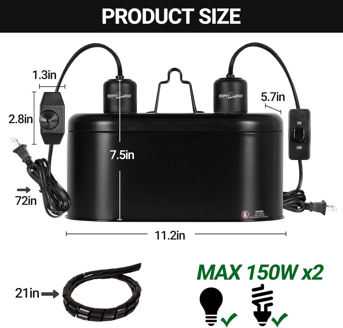 REPTI ZOO Dual Reptile Light Fixture with Dimming, Deep Dome Reptile Heat Lamp Fixture, UVB Light Dual Fixture Lamp Cap for Reptile Terrarium Tank