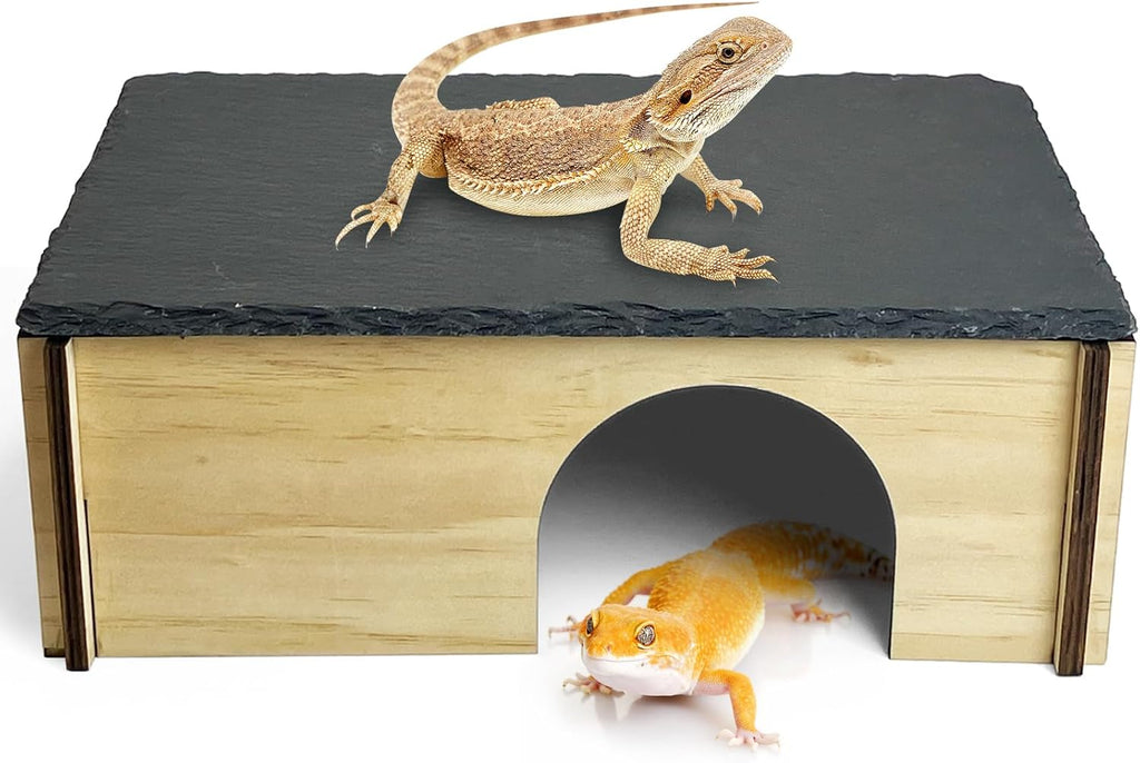 Tfwadmx Bearded Dragon Basking Platform with Hideout Wooden Lizard Hideout Reptile Slate Rocks Basking Platform with Hiding Cave Tank Accessories for Lizards Snakes Tortoise
