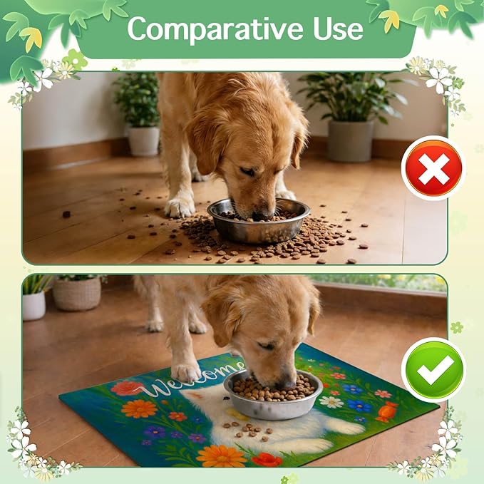 Welcome Spring Pet Feeding Mat 24" x 16"White Dog Floral Design Non Slip Cat - Image 7