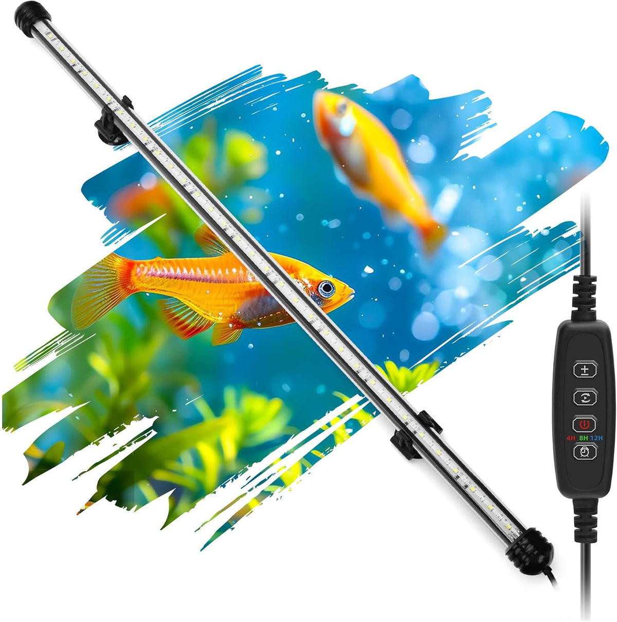 LED Submersible Aquarium Light 8W Underwater Fish Tank Light with Blue White&Blue and White Three Light Modes Timer Automatic On/Off and Dimmer Brightness Adjustable (15inch)