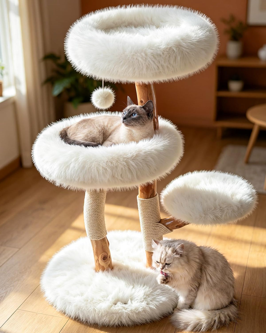 Solid Wood Cat Tree, Boho Modern Cat Tree Tower with Pear Branch