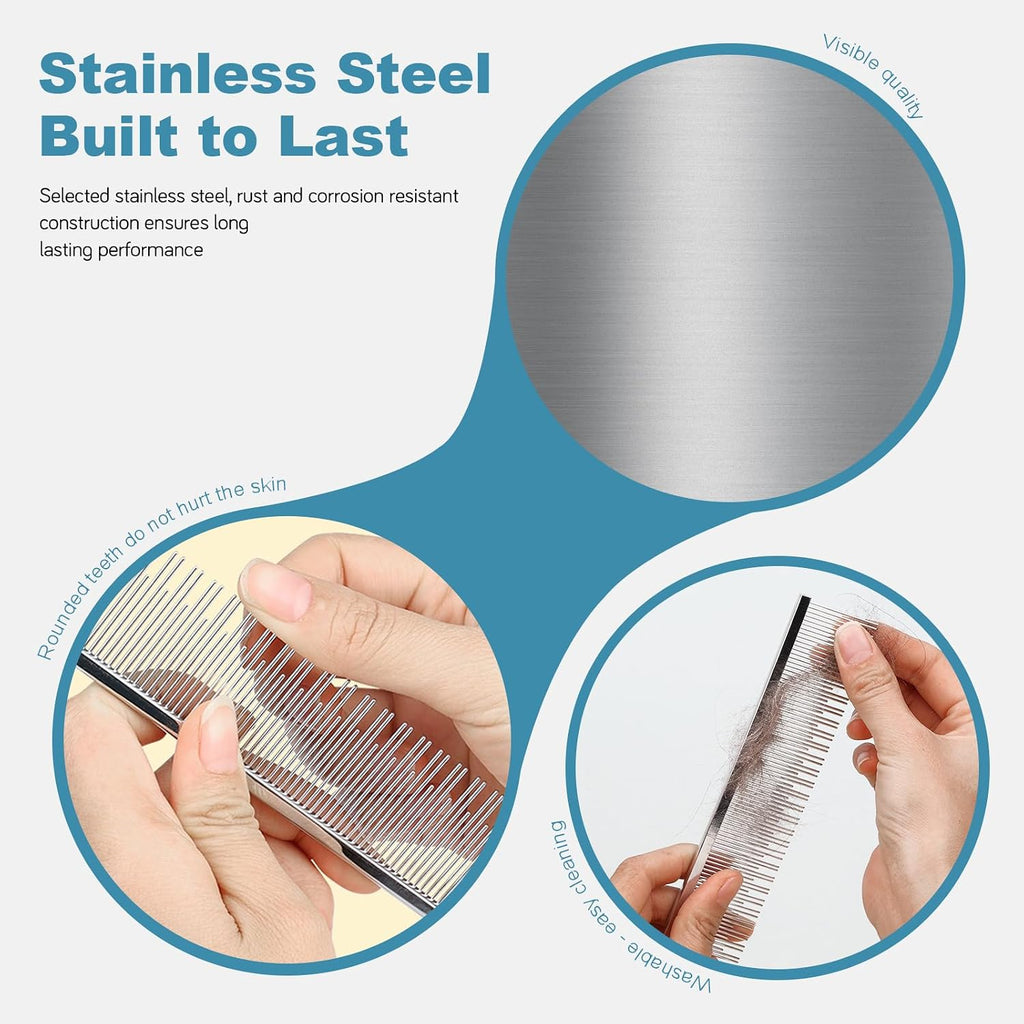 6 Inches Stainless Steel Pet Comb for Dogs & Cats, Metal Detangling Grooming Tool for Long & Short Haired Pets, Anti-Static Cat Comb with Rounded Teeth for Matted Fur Removal & Shedding Control