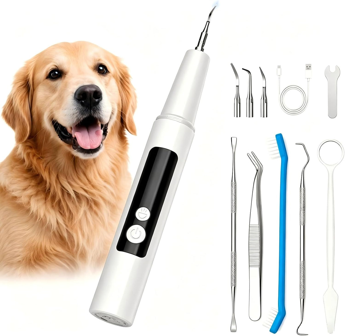 Puffluv Pet Teeth Cleaning Kit with LED Light, Electric Dental Cleaner for Dogs & Cats, 5 Adjustable Modes, Tartar & Stain Care Tool (White)