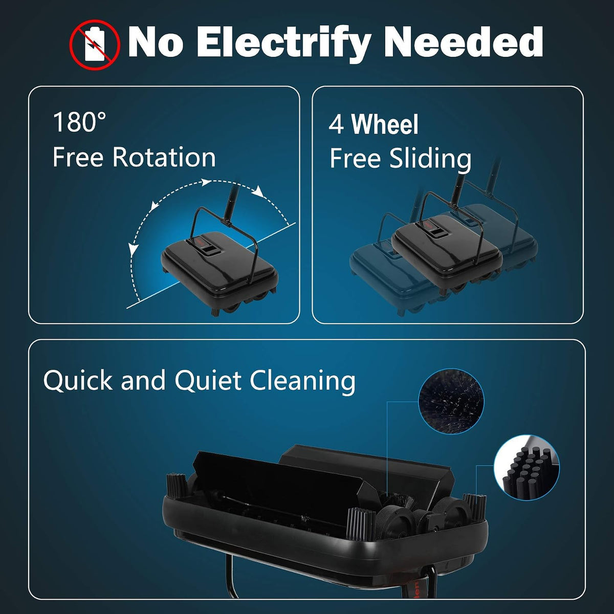 Eyliden Carpet Sweeper, Mini Size, Manual Sweeping, Black