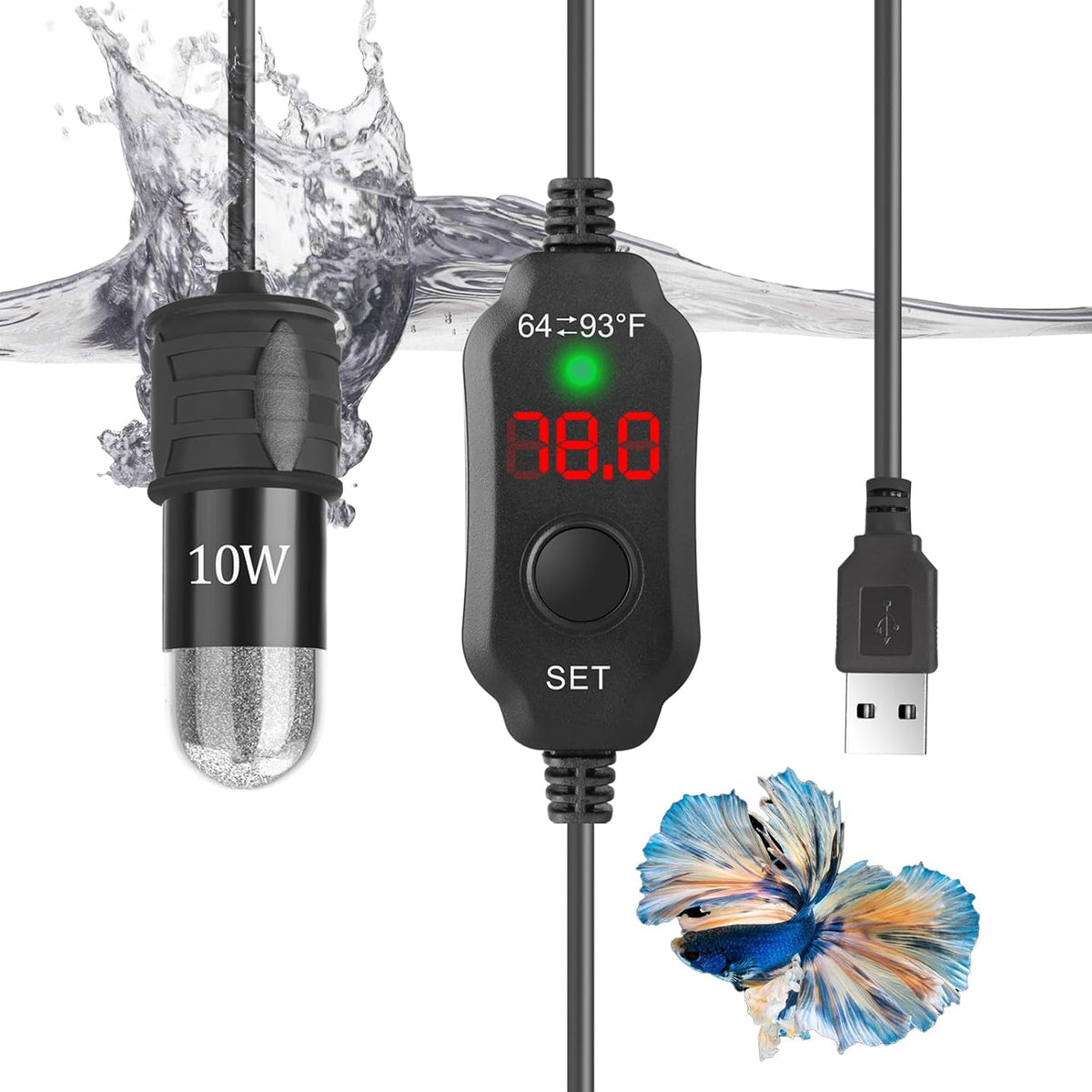 10W 5V/2A USB Super Mini Betta Heater LED Digital for up to 1 Gal Tanks