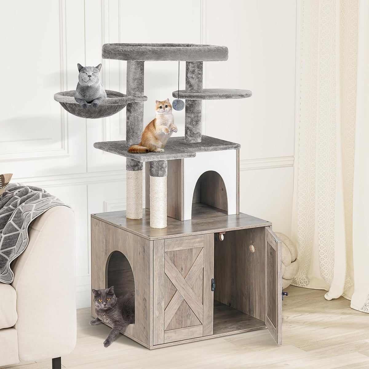 Snughome Cat Litter Box Enclosure with Tree Tower and Condo, Hidden Washroom Furniture with Sisal Scratching Post and Soft Plush Perch, Wooden Cat Furniture with Multiple Platforms, Grey