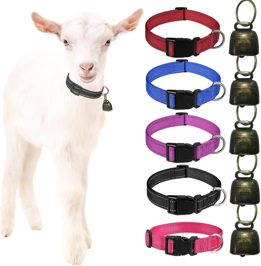 5 Pack Reflective Goat Collars with Grazing Copper Bells and Adjustable Nylon Collar with Anti-Lost Loud Bronze Bell for Farm Animal Goat Sheep Horse Cow(Size:M Neck:14-20")