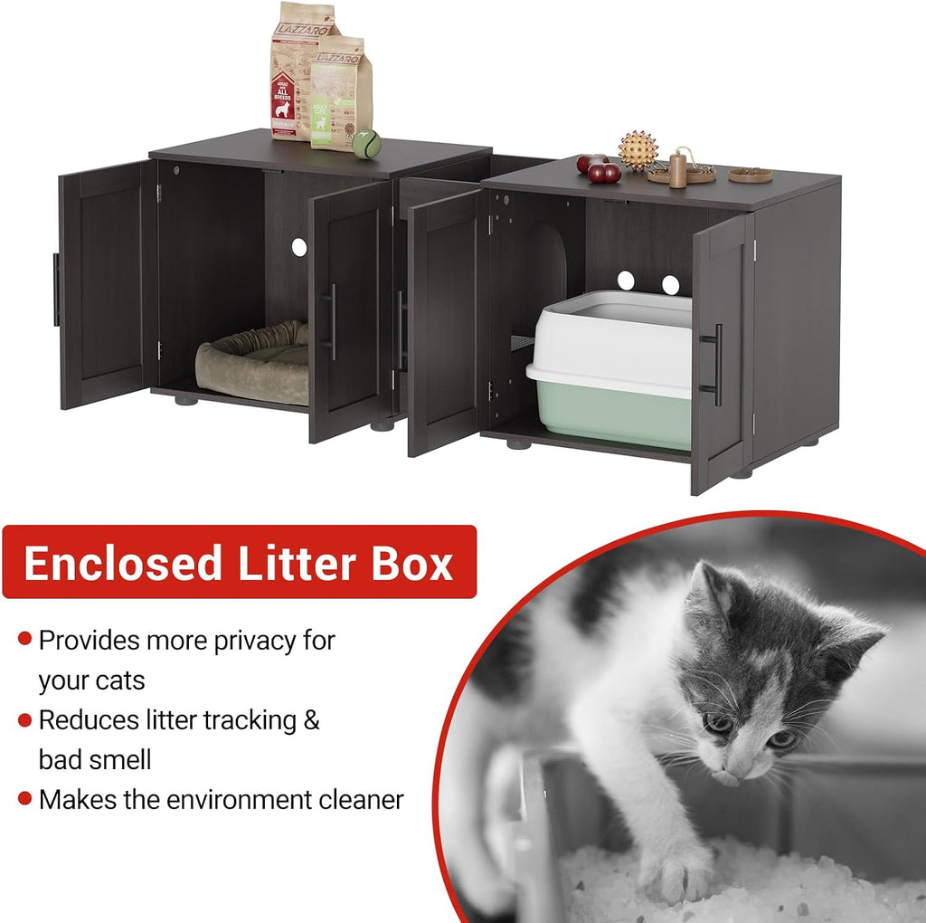 55" Double Litter Box Enclosure, Wood Hidden Cat Litter Box Furniture for 2 Cats, Double Cat Cabinet with Litter Mat and Storage Shelf, Walnut