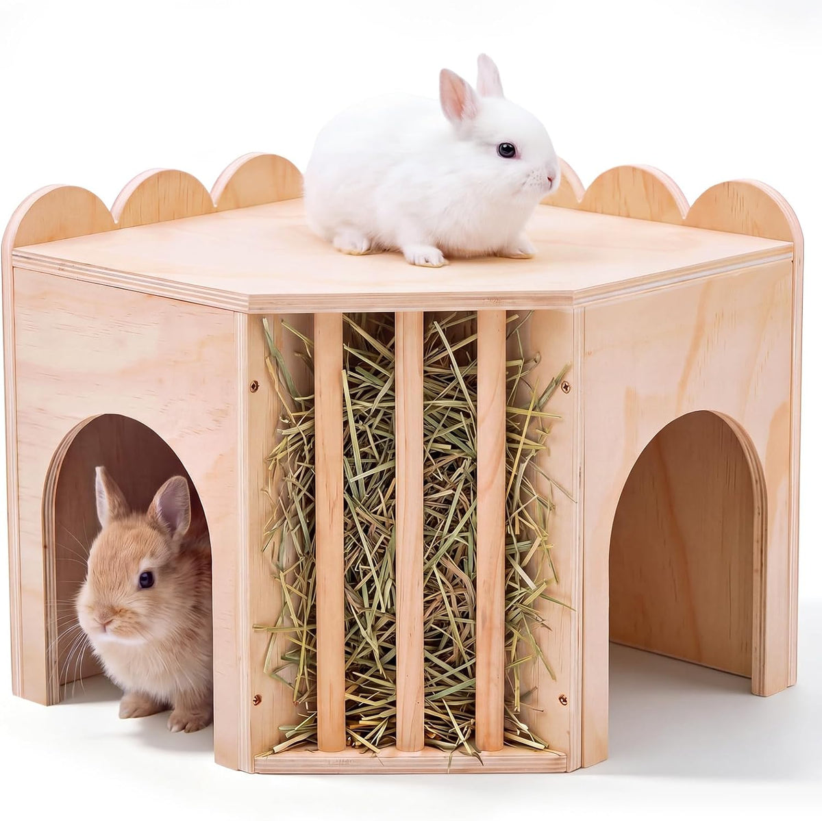Wooden Bunny Corner Hideout Large Rabbit House with Hay Feeder
