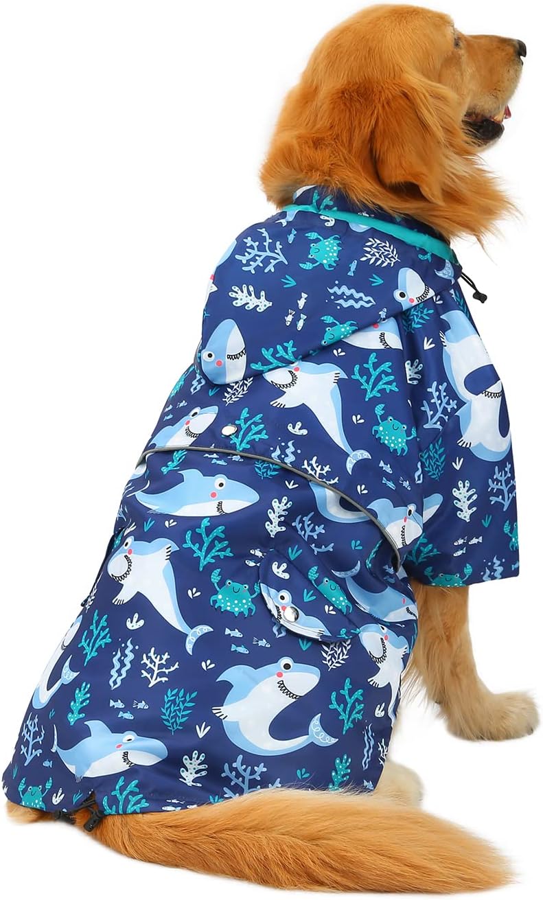 HDE Premium 2-Layer Zip Dog Raincoat Poncho w/Leash Hole & Hood Sharks 2XL