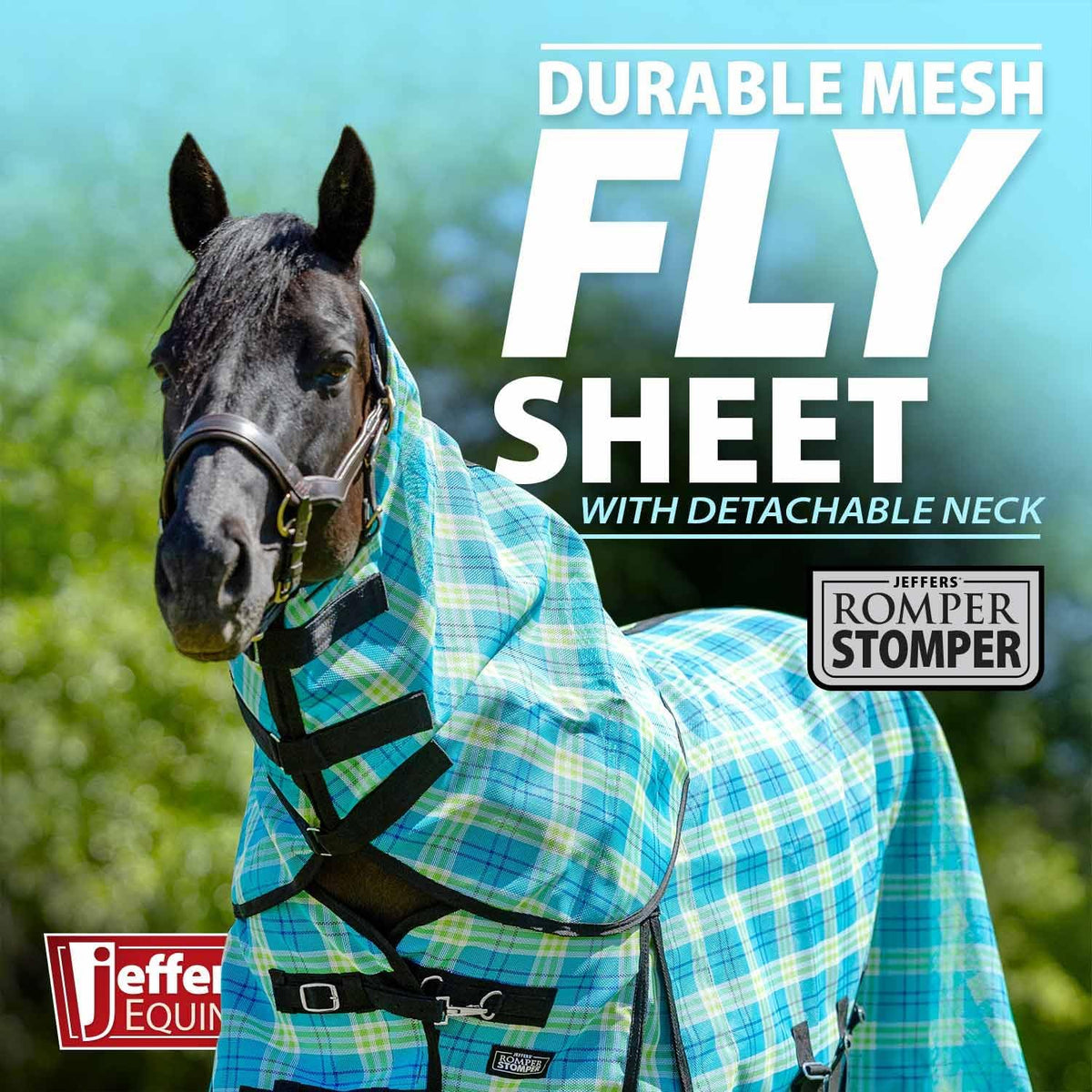 Jeffers Romper Stomper Durable Mesh Fly Sheet for Horses with Detachable Neck, 75" – Heavy Duty Breathable Textilene Mesh Horse Sheet, UV & Insect Protection, Summer Turnout Rug - Turquoise & Lime