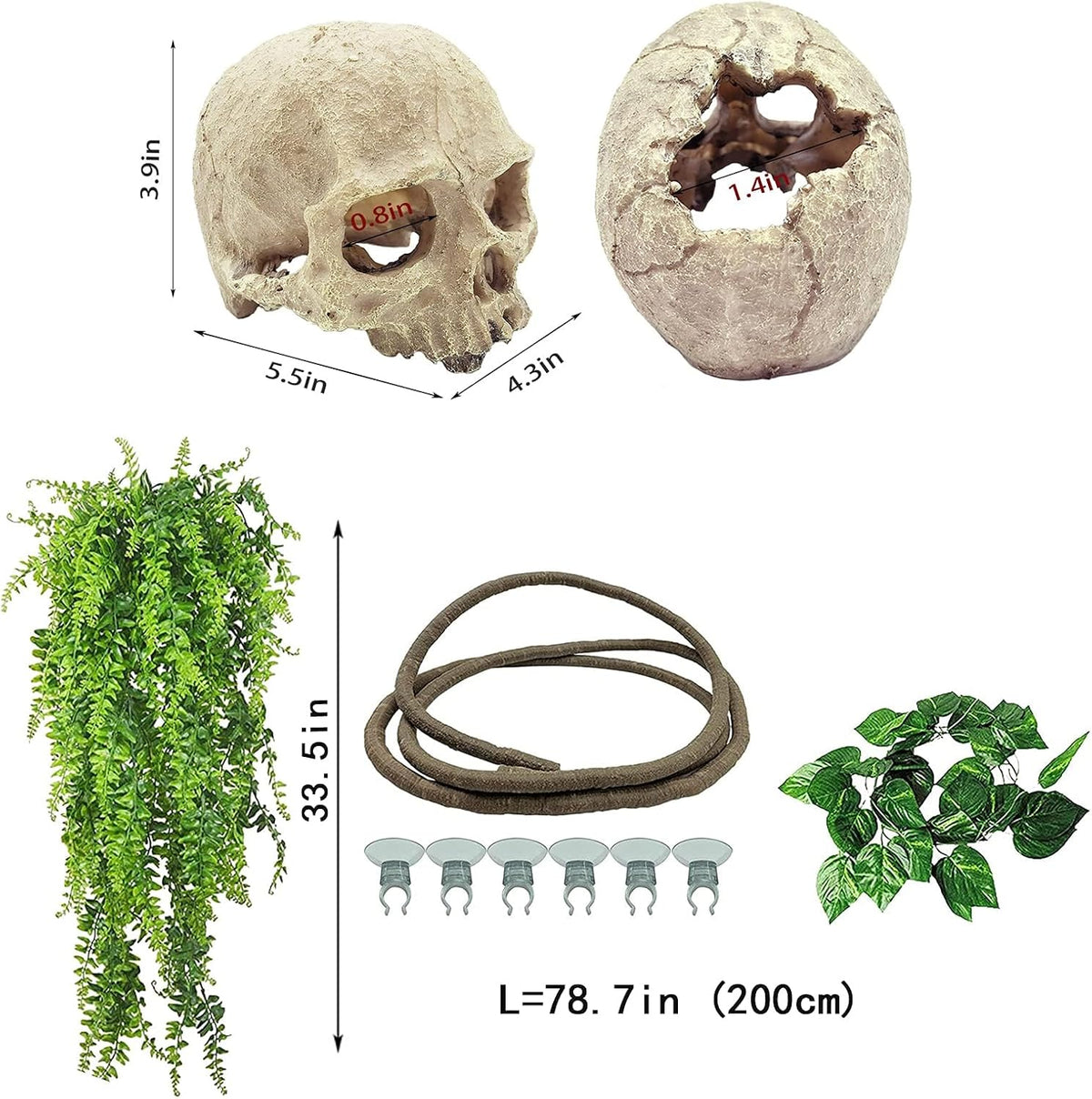 Tfwadmx Reptiles Skull Hide Decorations Bearded Dragon Tank Accessories Terrarium Ornament Gecko Hideouts Cave Snake Habitat Jungle Climber Bendable Vines Leaves for Lizards,Chameleon,Spider (4 Pcs)